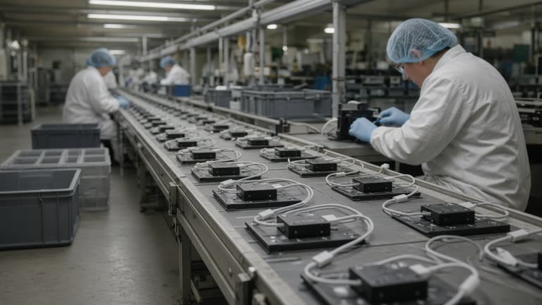 Electronics assembly line with USB-C charging cable harnesses and small power modules on a conveyor under bright factory lights, workers in ESD coats, gray floor and tool bins, no logos or readable text