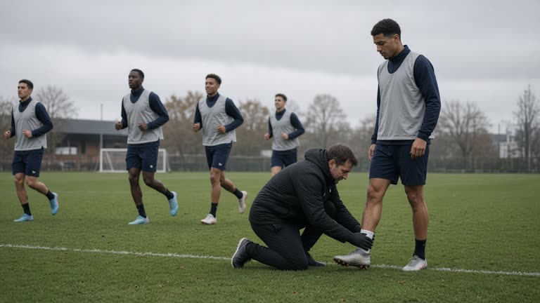 Arsenal players jogging during an open training session on a grass pitch in London, a physiotherapist kneeling to strap a player's ankle at the sideline, grey autumn sky, training bibs without readable branding, no logos or readable text