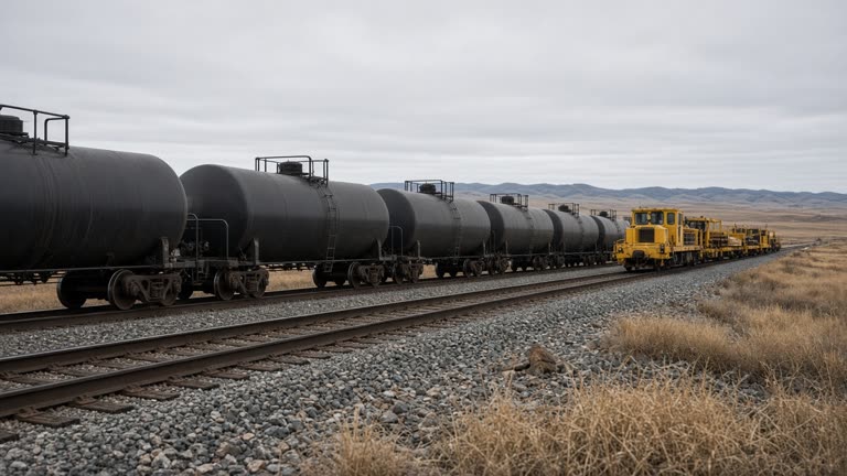 Black crude tank cars on double track beside yellow maintenance-of-way equipment on the Montana prairie under overcast sky, ballast and dry grass in foreground, no logos or readable text
