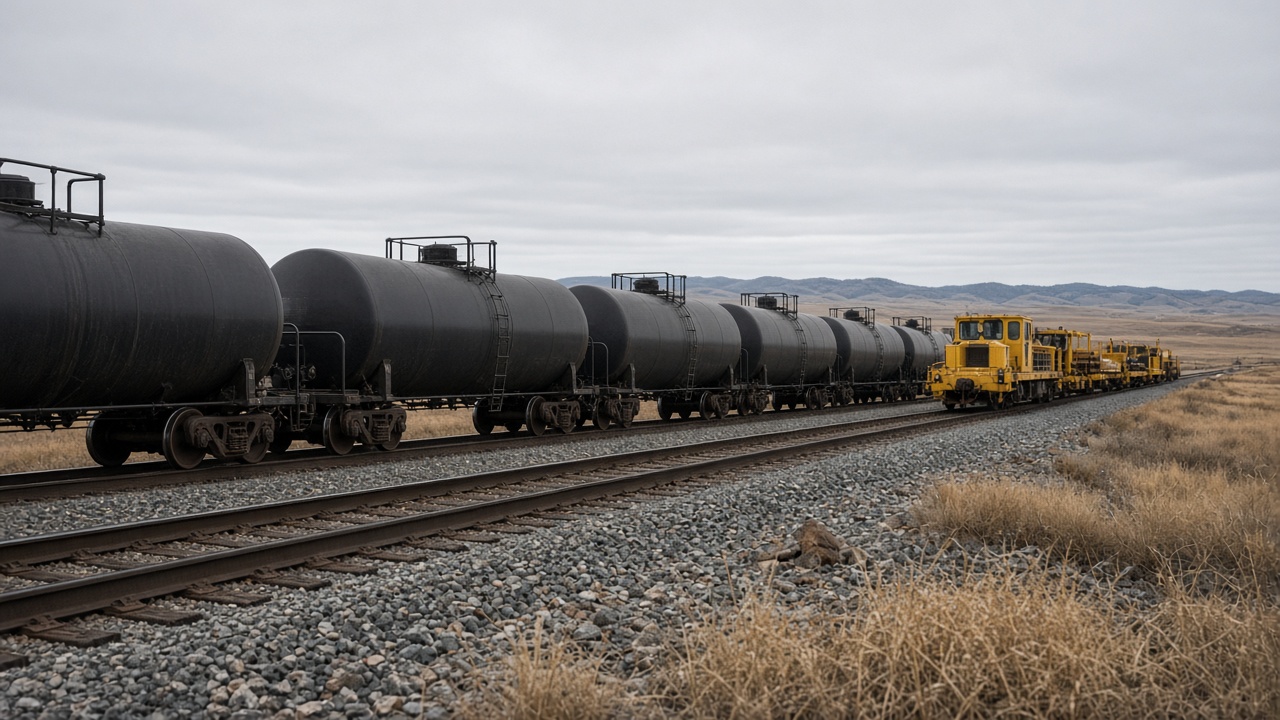 Black crude tank cars on double track beside yellow maintenance-of-way equipment on the Montana prairie under overcast sky, ballast and dry grass in foreground, no logos or readable text