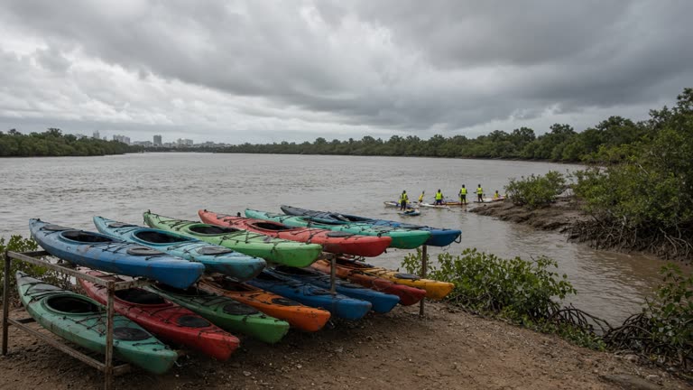 Kayaks on a rack near the Brisbane River bank under grey storm clouds, muddy river water, mangrove edge, paddlers in high-vis vests, no logos or readable text