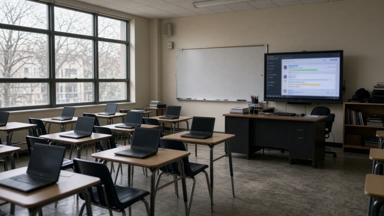 Empty high school classroom with laptops on desks and a teacher workstation showing a blurred chat interface on a monitor, afternoon window light and scuffed linoleum, no readable text or logos