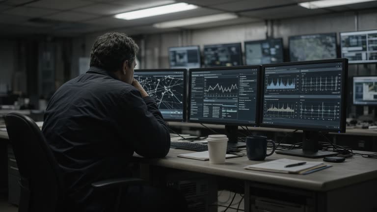 Telecom network operations center with rows of dim monitors showing signal graphs, engineer at a desk under overhead fluorescents, cables and coffee cups, no logos or readable text