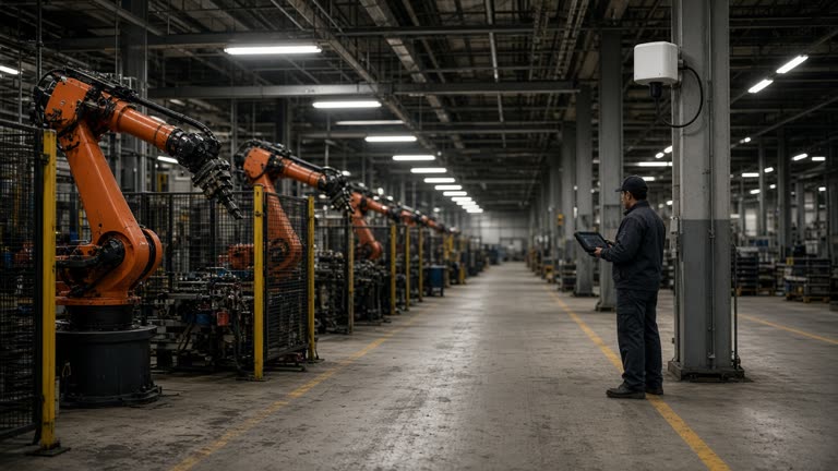 Detroit auto assembly plant aisle with orange robotic arms and a technician holding a rugged tablet beside a ceiling-mounted private 5G small cell, fluorescent factory lighting and scuffed concrete floor, no logos or readable text