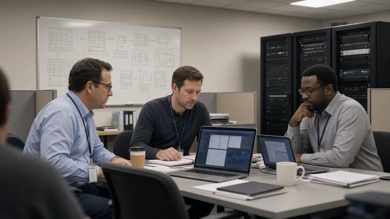 Government contractor office with engineers reviewing server audit dashboards on laptops, cubicle fluorescents and rack diagrams on a whiteboard with no readable text, coffee cups and badge lanyards, no logos