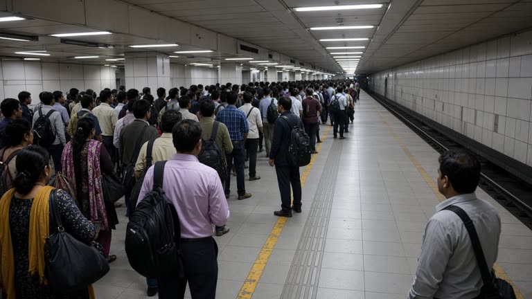 Crowded Delhi Metro platform with commuters waiting behind yellow safety line, fluorescent station lighting and tiled walls, evening rush, no logos or readable text