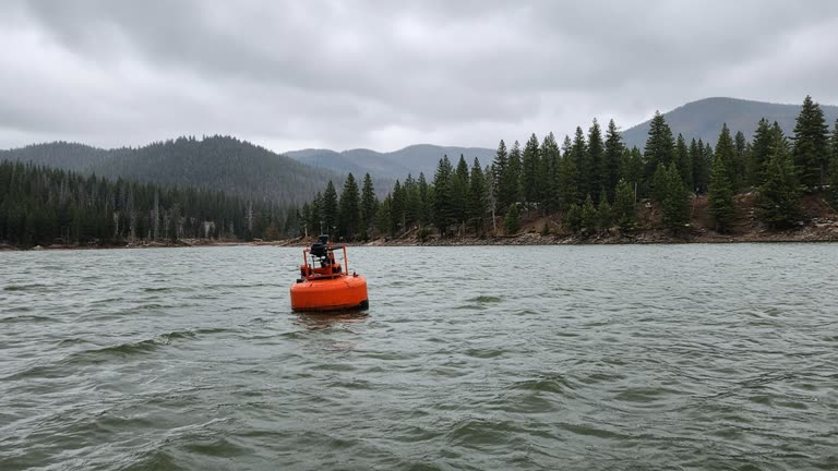 Mountain reservoir with an orange research buoy and choppy greenish water under overcast sky, shoreline pine trees and distant hills, no logos or readable text