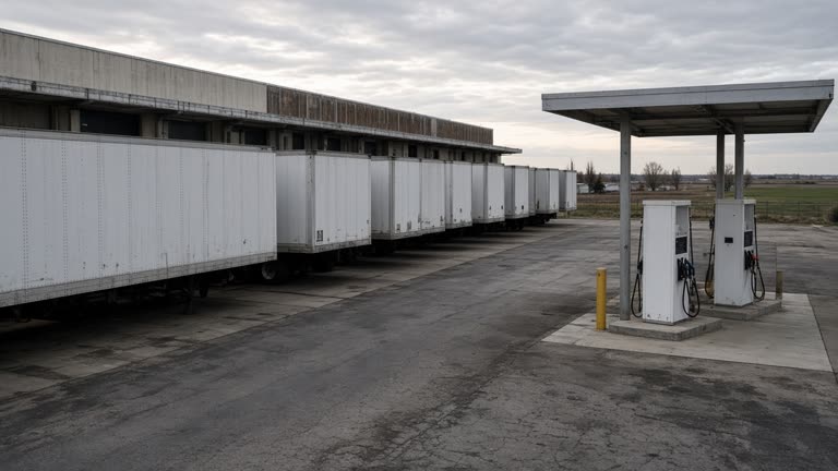 A line of unmarked white semi-trailers parked at a rural distribution center loading dock at dawn, diesel pumps under a metal canopy, no logos or readable text