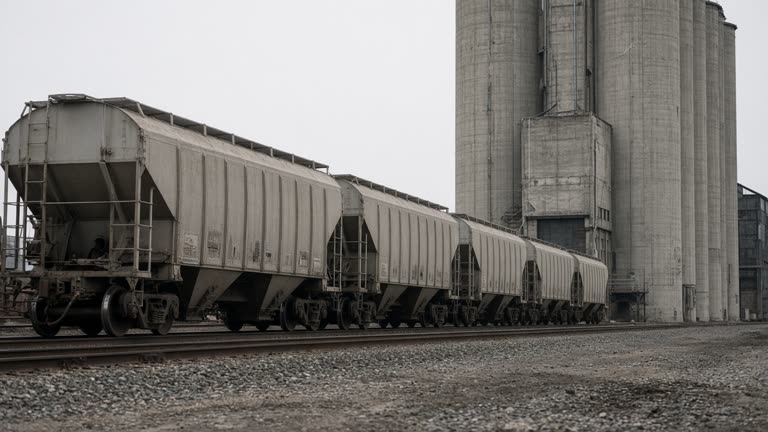 Dusty grain hopper rail cars parked beside a concrete elevator silo in flat Midwest afternoon light, worn steel and gravel foreground, no logos or readable text