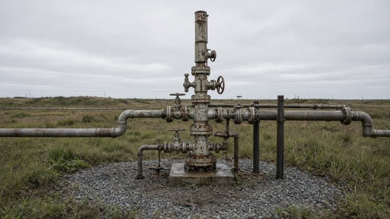 Strategic petroleum reserve wellhead and piping on a gravel pad with low grass and flat overcast sky, industrial hardware slightly weathered, no logos or readable text