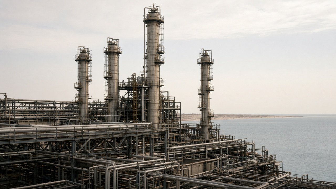 Industrial petroleum processing towers and pipe bridges at a Red Sea coastal refinery complex under flat afternoon sun, calm water in the distance, no logos or readable text