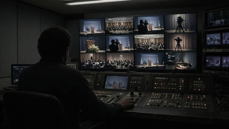 Local TV control room with multiview monitors showing campaign footage, operator silhouette from behind, dim overhead lights, no logos or readable text