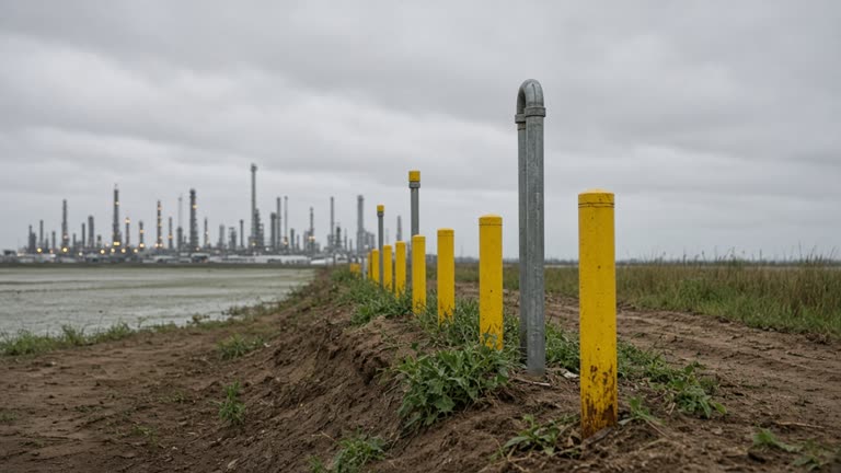 Above-ground natural gas pipeline markers and yellow warning posts along a muddy Gulf Coast levee under gray humid sky, distant refinery stacks blurred, no logos or readable text
