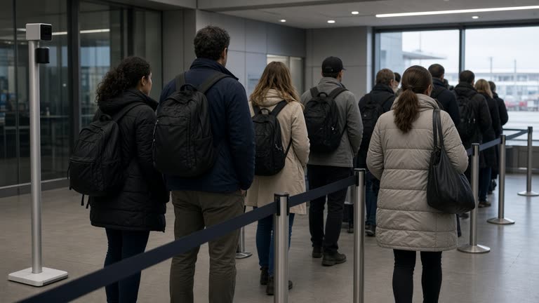 Airport boarding gate with a slim facial recognition camera post and passengers waiting in line, cool terminal lighting, no logos or readable text.