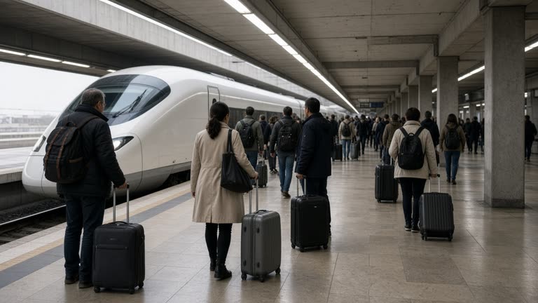 Passengers with rolling luggage waiting on a high-speed rail platform under a concrete canopy, train nose visible at the platform edge, fluorescent platform lighting, no logos or readable text