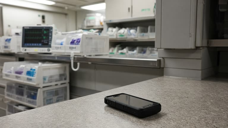 Emergency department nurse station with a rugged clinical smartphone on a counter, heart-rate monitor and supply bins in background, harsh overhead lighting, no logos or readable text