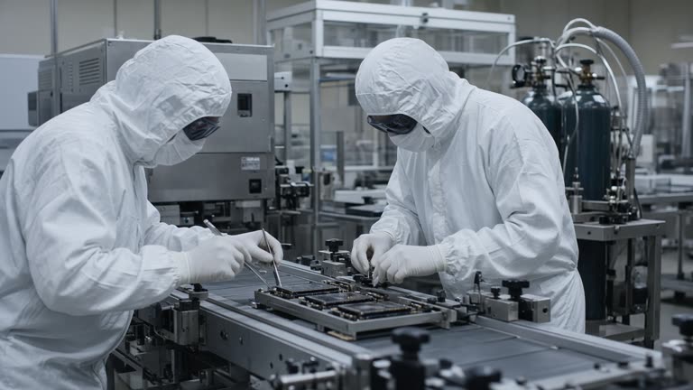 Inside a semiconductor packaging clean room, technicians in white suits inspect multi-die modules on a conveyor under cool fluorescent light, stainless tools and nitrogen carts, no logos or readable text