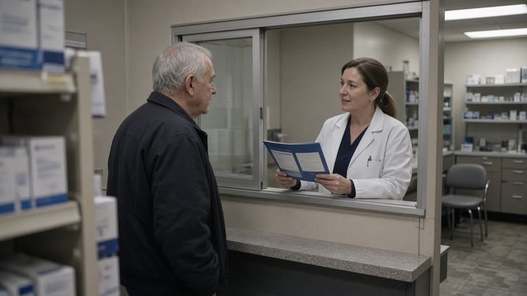 Senior adult at a neighborhood pharmacy consultation window with a pharmacist holding a vaccine information folder, fluorescent lighting, linoleum floor, no logos or readable text