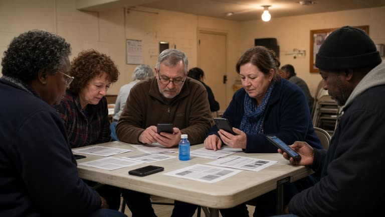 Community organizers around a folding table with smartphones and paper town-hall flyers in a church basement under warm incandescent bulbs, no logos or readable text