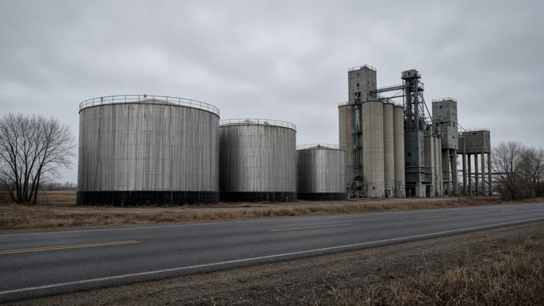 Weathered stainless ethanol storage tanks and a grain elevator beside a rural Iowa highway under flat overcast light, no logos or readable text