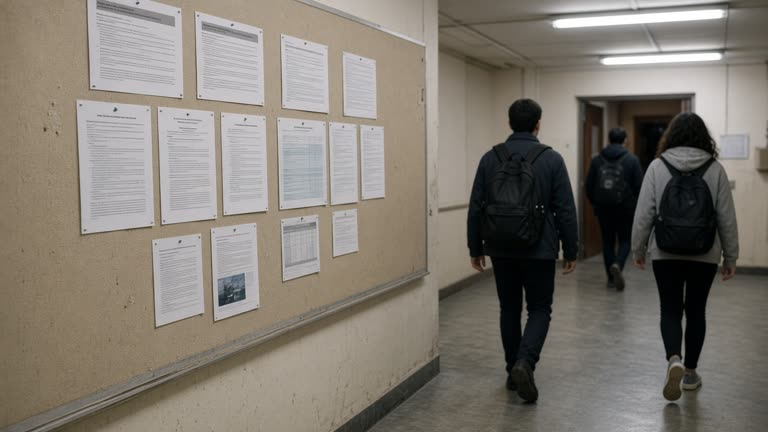 University corridor bulletin board with printed policy sheets and students walking to a classroom, overhead fluorescent lights, no readable text or logos