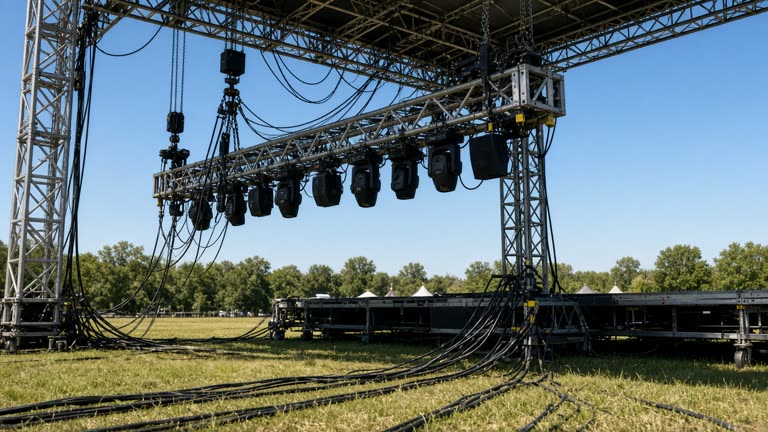 Outdoor festival stage rigging with steel trusses and load-cell shackles under afternoon sun, cable bundles and grass field, no logos or readable text