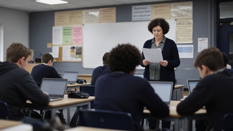 A UK secondary school classroom with students on laptops during a lesson, a teacher at the front holding a printed marking rubric, fluorescent lighting and posters blurred on the walls, no logos or readable text
