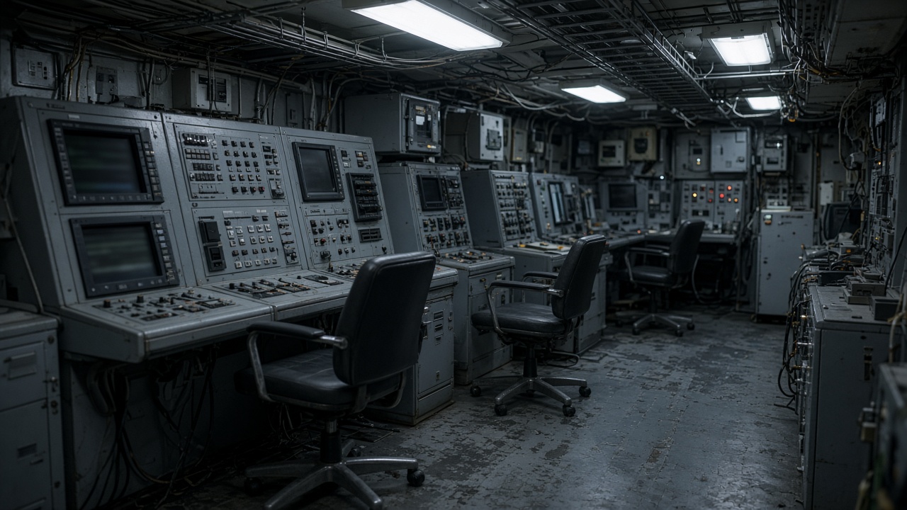 Dim shipboard operations compartment with rows of consoles, cable runs, and blurred unreadable screens under cool fluorescent light, empty chairs, scuffed metal deck, no logos or readable text