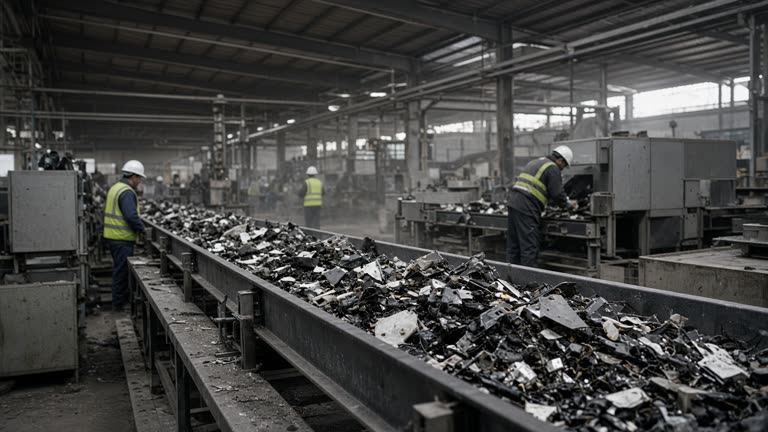Industrial battery recycling plant interior, conveyor carrying crushed battery modules, workers in hard hats and safety vests under metal rafters, dusty air, no logos or readable text