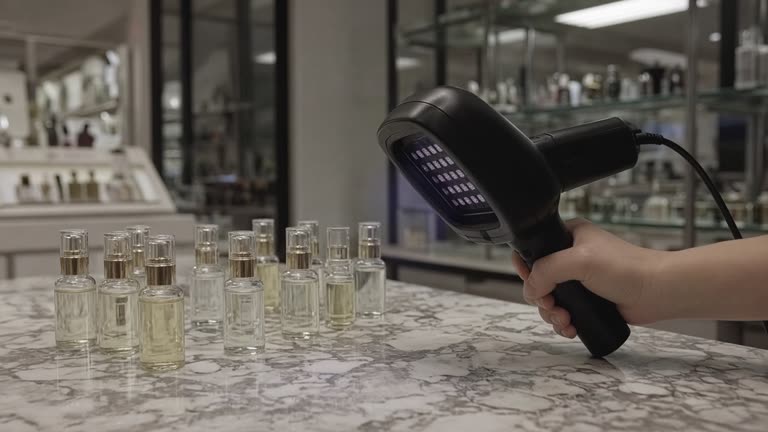 Beauty counter with glass serum bottles and a handheld UV demonstration lamp on a marble surface, soft mall lighting, no logos or readable text.