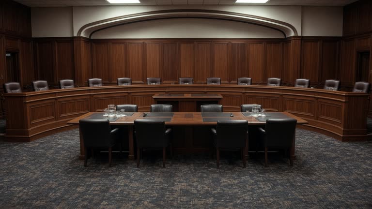 Empty Senate Banking Committee hearing room with curved wood dais and witness table, fluorescent overhead light, no logos or readable text