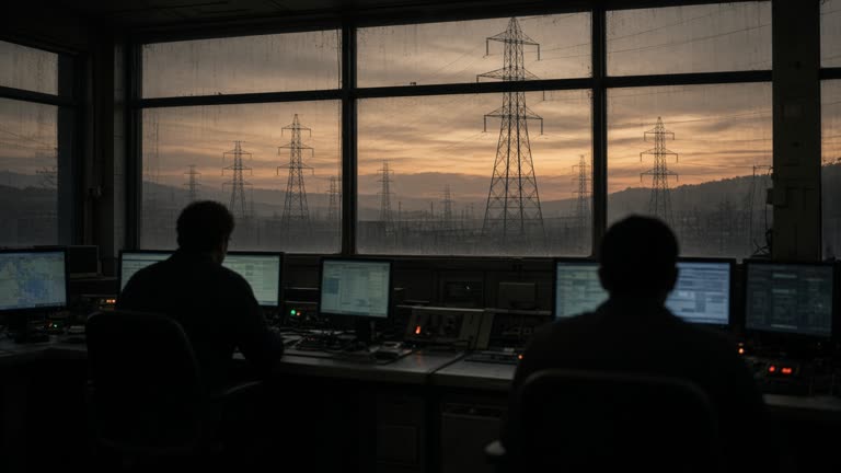 Control room overlooking transmission towers at dusk through dusty windows, operator silhouettes at consoles with blurred screens, warm sodium light outside, no logos or readable text