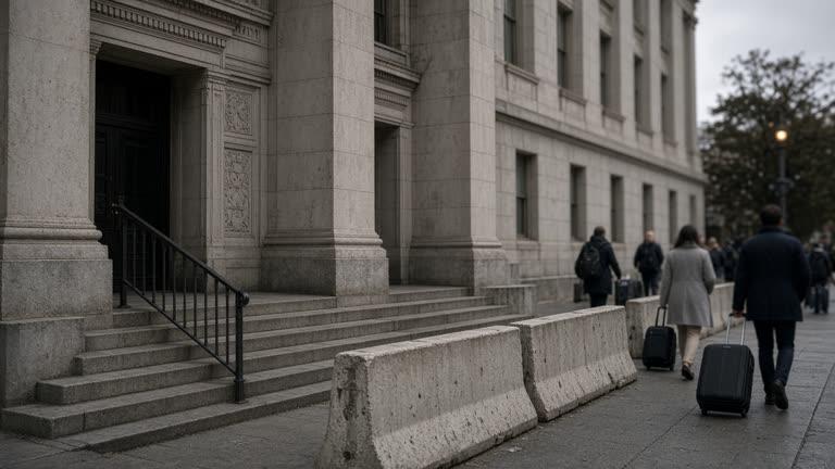 Treasury Department annex entrance with concrete barriers and overcast daylight, travelers with rolling bags on the sidewalk in soft focus, no logos or readable text