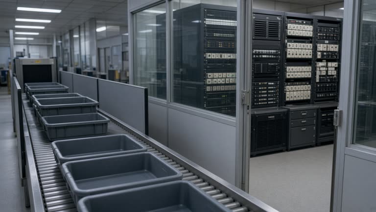 Airport security checkpoint lane with empty gray tubs on a stainless table, backup tape library visible through a glass-walled IT closet, cool fluorescent light, no logos or readable text