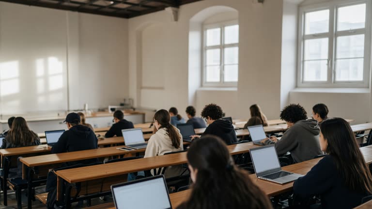 University lecture hall with students on laptops, wooden desks, daylight from high windows, no logos or readable text.