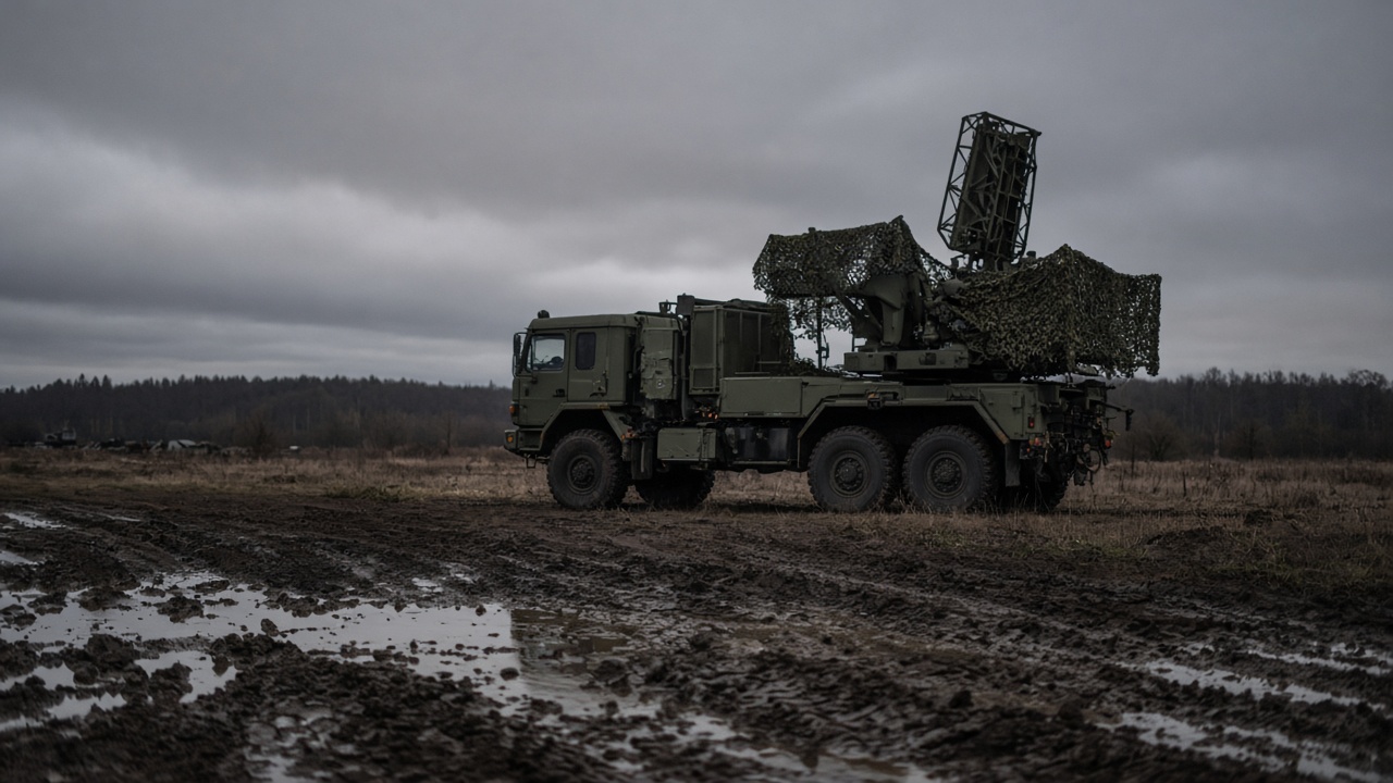 Olive mobile air-defense radar truck parked on a muddy field at dusk under overcast sky, camo netting and antenna folded, wet ruts in the foreground, no logos or readable text