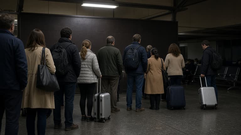 Travelers with rolling carry-ons waiting in a dim airport concourse near a departure gate, overhead fluorescents and worn terrazzo floor, backs turned, no logos or readable text