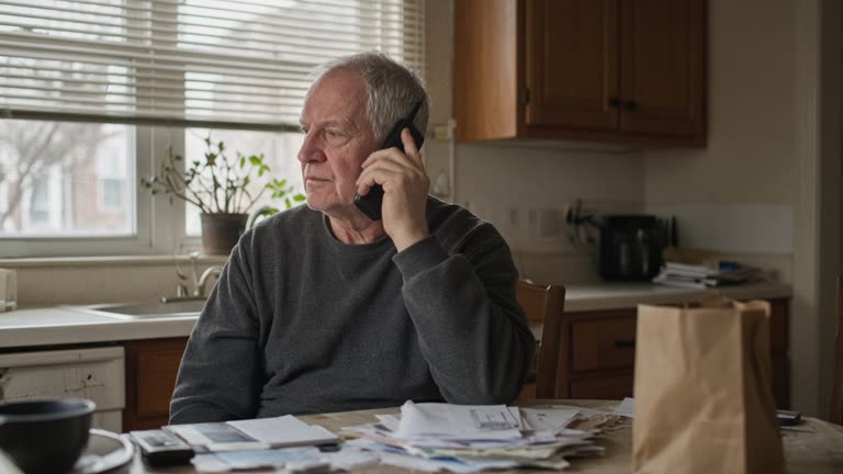 An older adult hanging up a cordless phone at a cluttered kitchen table with mail stacked nearby, overcast daylight through blinds, documentary framing, no logos or readable text