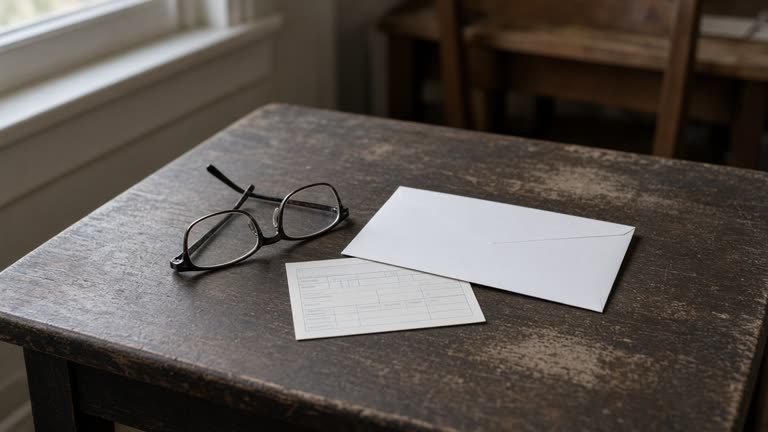 A plain white envelope and a bank deposit slip on a dining table next to reading glasses, soft morning light from a side window, no readable text or faces
