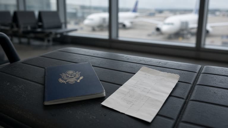 Blue U.S. passport booklet on a plastic airport bench beside a folded boarding pass, gate area windows showing parked jets in soft focus, flat overhead lighting, no logos or readable text