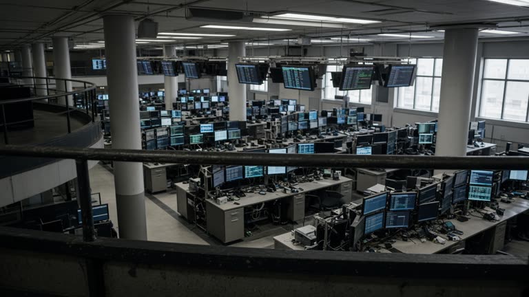 Wide view of an empty NYSE-style trading floor balcony overlooking rows of desks and overhead monitors with unreadable numbers, cool fluorescent and window mix, documentary framing, no logos or readable text
