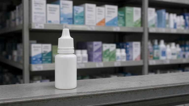 Over-the-counter eye drop cartons and small plastic bottles on a pharmacy shelf out of focus in the background, single bottle in foreground under cool store lighting, no logos or readable text