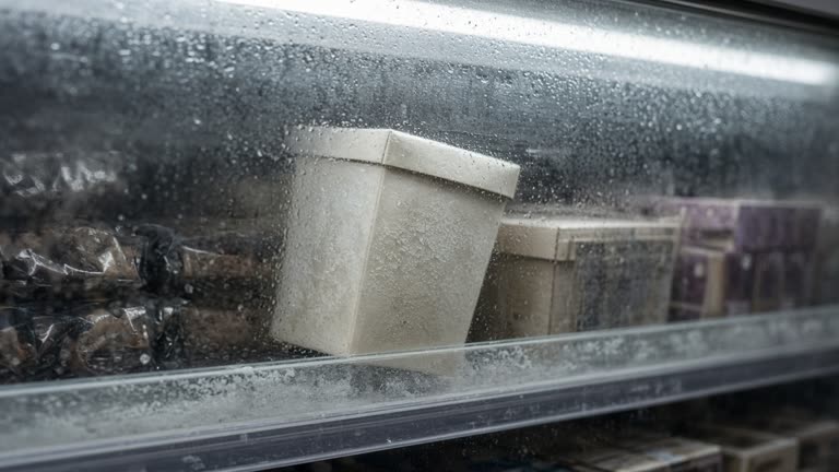 A half-gallon paper ice cream carton on a supermarket freezer shelf, cold fluorescent light, frost on the glass door, no logos or readable text