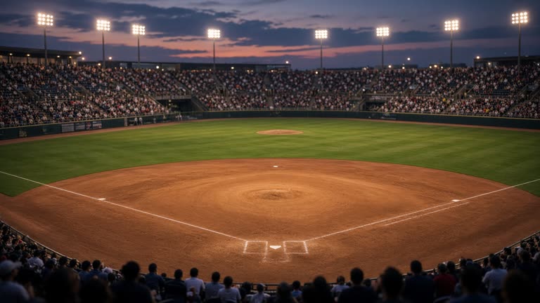 Night baseball stadium infield under bright floodlights with empty dugouts and chalked baseline stripes, packed stands blurred in the background, no logos or readable text